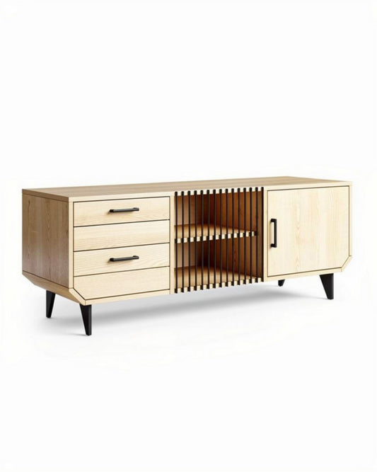 Eikenhouten tv-meubel met open vakken en lades 150 x 40 x 60cm