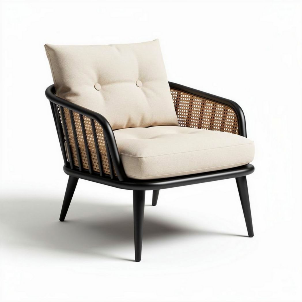 Stoel van bamboe en textiel met kussen in naturel en zwart 80 x 70 x 85cm