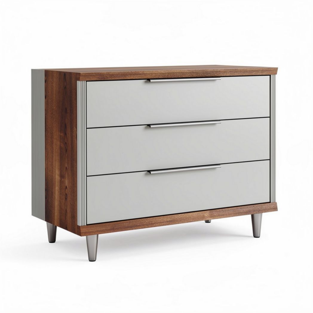 Ladenkast van grijs MDF met houten accenten en afmetingen van 90 x 45 x 75 cm