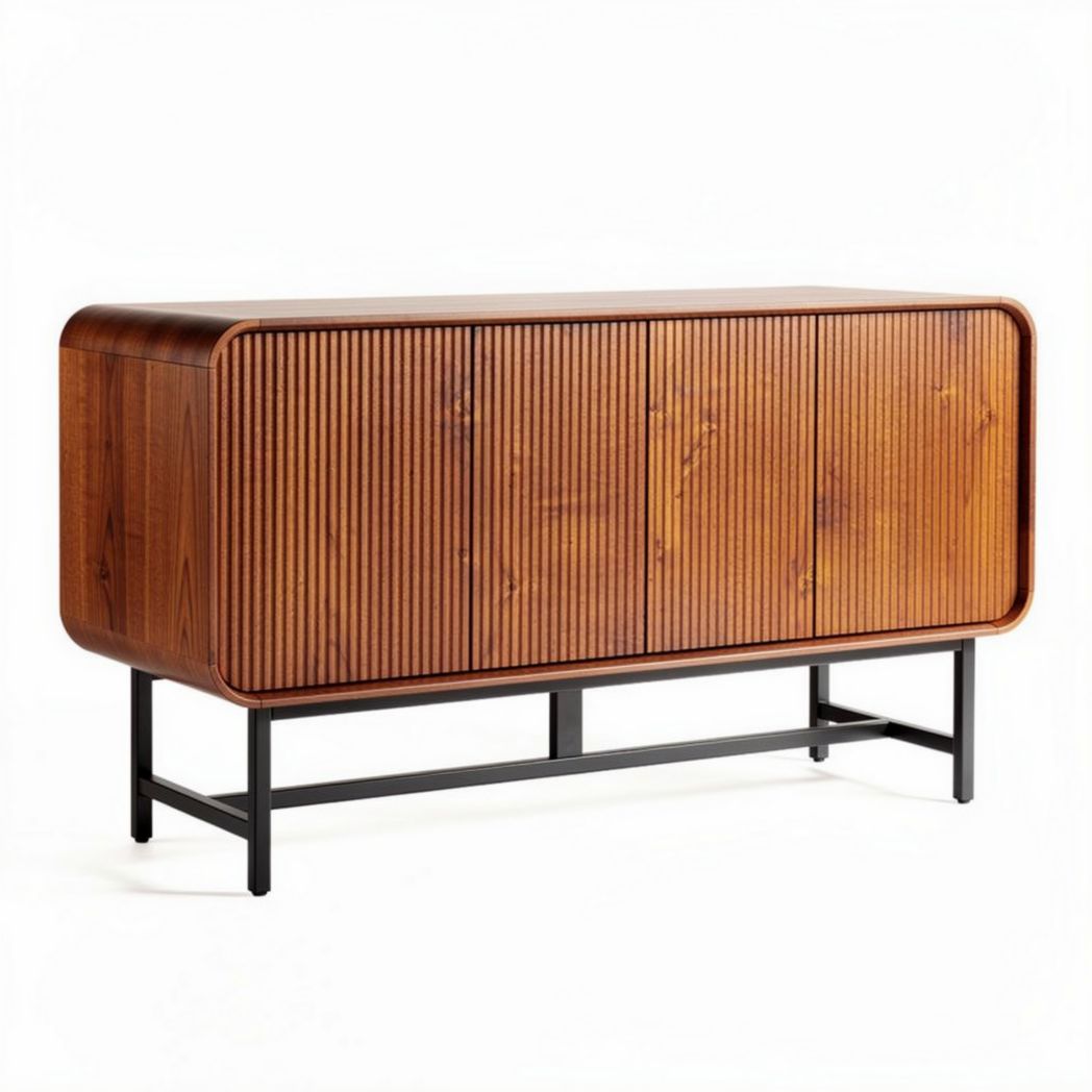 Houten kast met ribbelstructuur en metalen onderstel 90 x 40 x 70cm