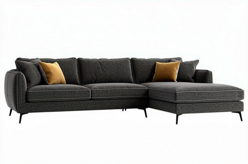 Hoekbank in donkergrijs stof met kussens van 250 x 90 x 85 cm