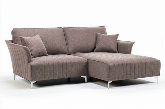 Hoekbank van stof in bruin met kussens en verchroomde poten 200 x 90 x 85cm