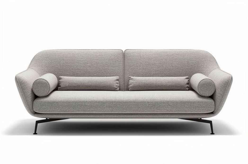 Gecapitonneerd grijs bankstel van stof met kussens 200 x 90 x 85cm